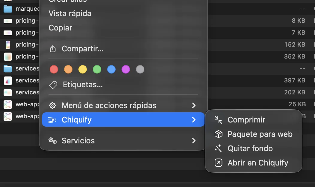 Menú de Chiquify en el Finder