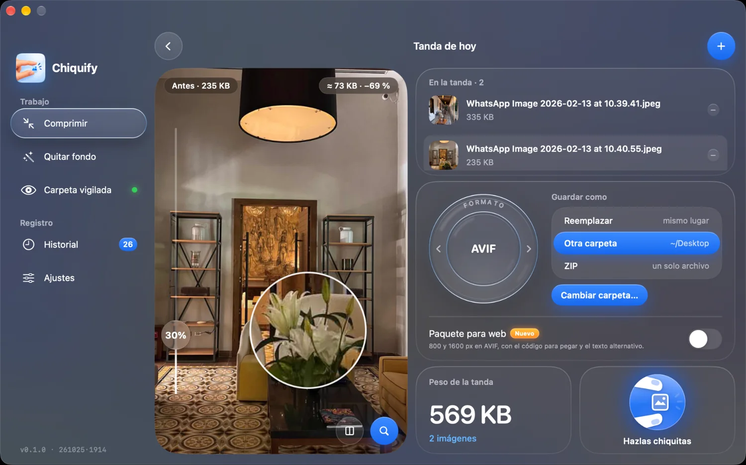 Chiquify: vista previa con comparación antes y después y lupa